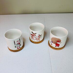 Set Of 3 Christmas Holiday Planters with Bamboo Saucers Santa Reindeer Snowman